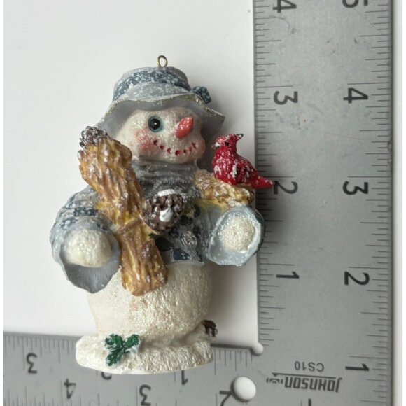 Vintage Snowman Christmas Ornament Holding Red Cardinal Bird Blue Hat & Scarf - Picture 3 of 7